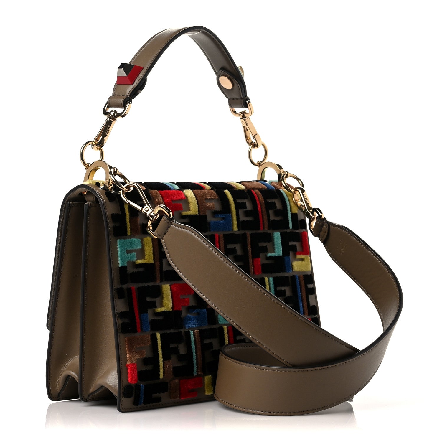 Fendi Vitello Liberty Velvet FF 1974 Hearts Padlock Embroidered Kan I Shoulder Bag Fango Multicolor 3 of 8