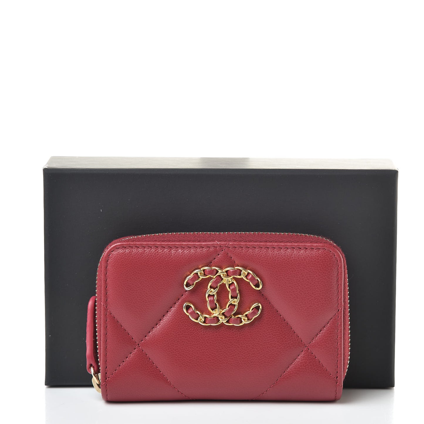 Goatskin Quilted 19 Zip Around Coin Purse Wallet Dark Pink