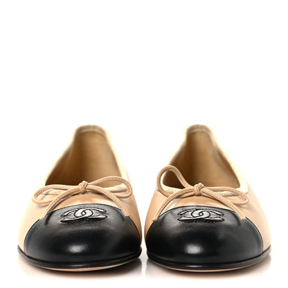 Chanel Lambskin Cap Toe CC Ballerina Flats 37 Beige Black 3 of 10