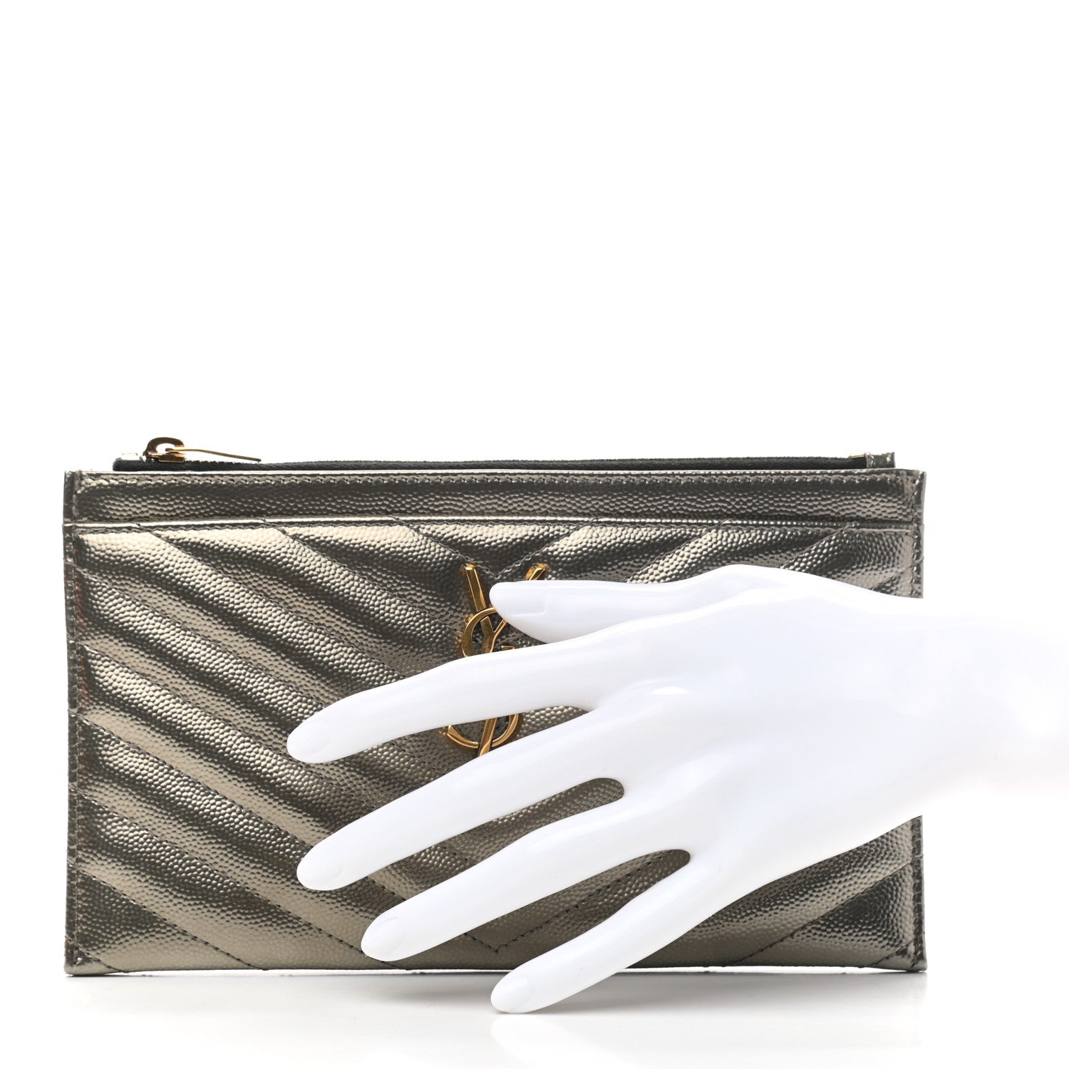 Saint Laurent Metallic Grain De Poudre Matelasse Chevron Monogram Bill Pouch Piombo 2 of 7