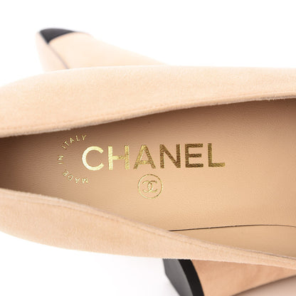 Chanel Suede Satin Cap Toe Low Heel Pumps 39 Beige Black 7 of 10