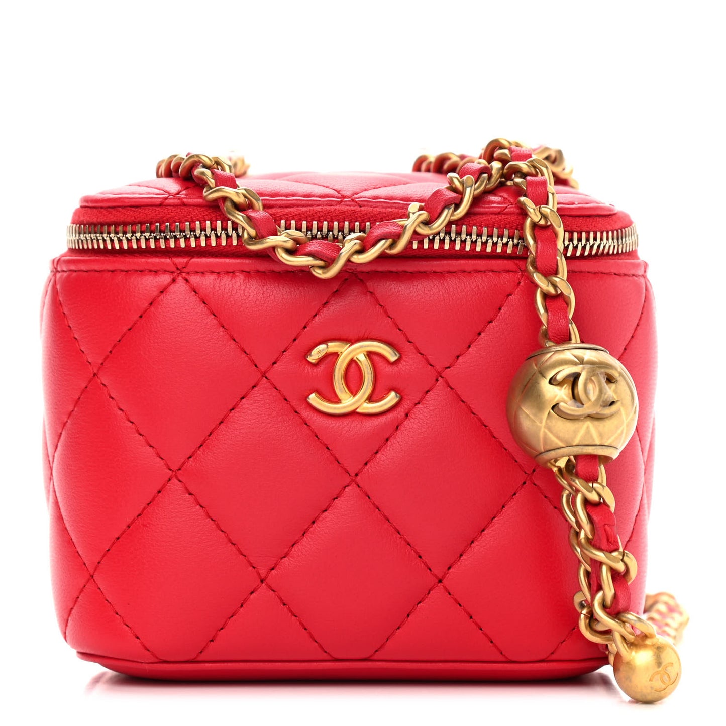 Lambskin Quilted Pearl Crush Mini Vanity Case With Chain Red