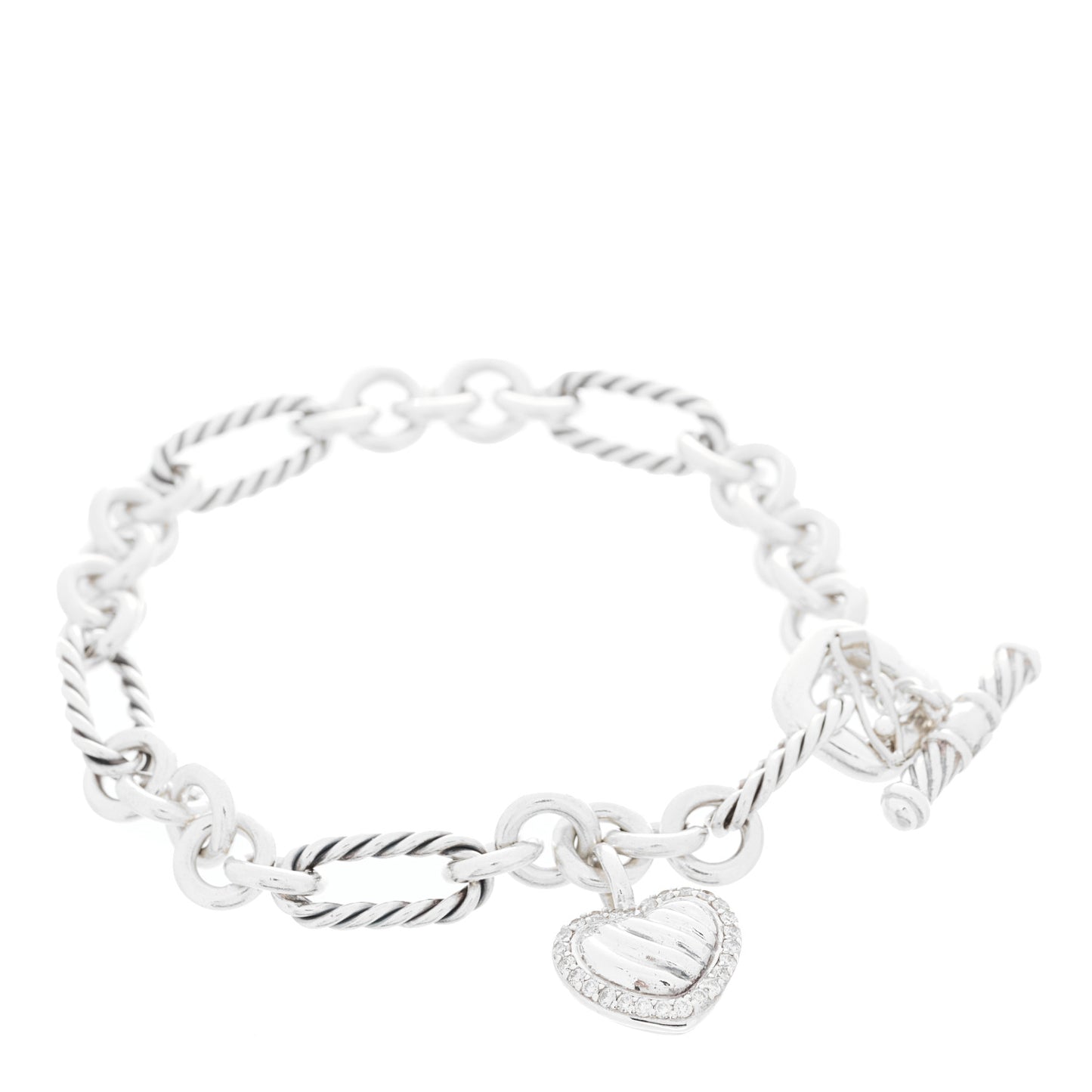 Sterling Silver Diamond Cable Heart Charm Bracelet