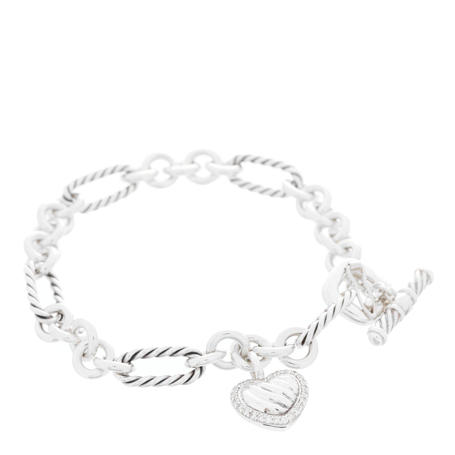 David Yurman Sterling Silver Diamond Cable Heart Charm Bracelet 1 of 5
