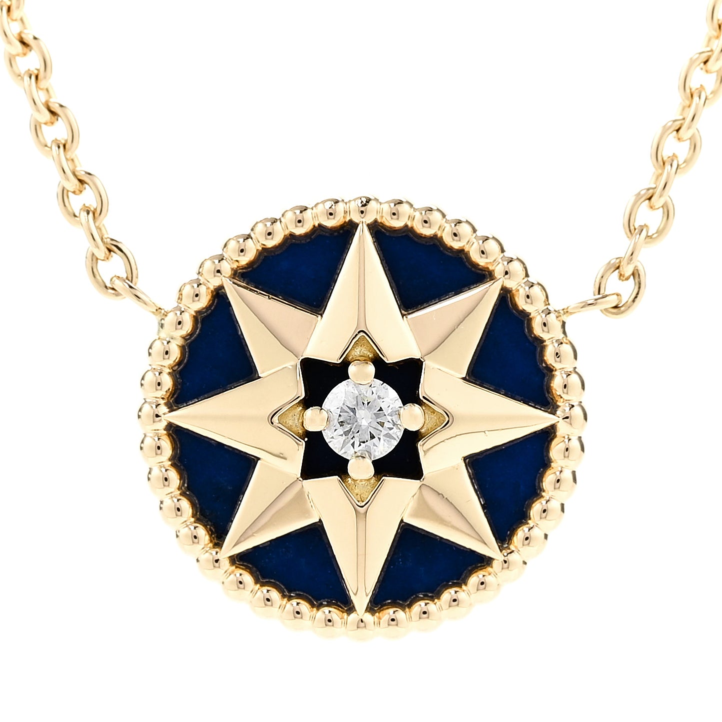 18K Yellow Gold Diamond Lapis Lazuli Rose Des Vents Necklace
