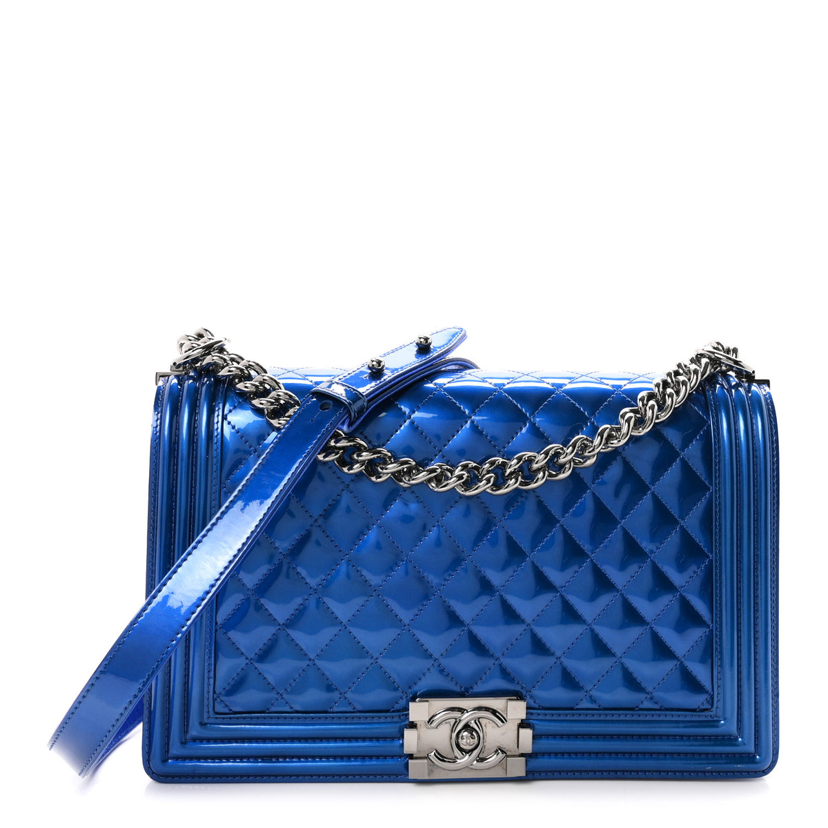 Chanel Metallic Patent Quilted New Medium Boy Flap Blue 1 of 12