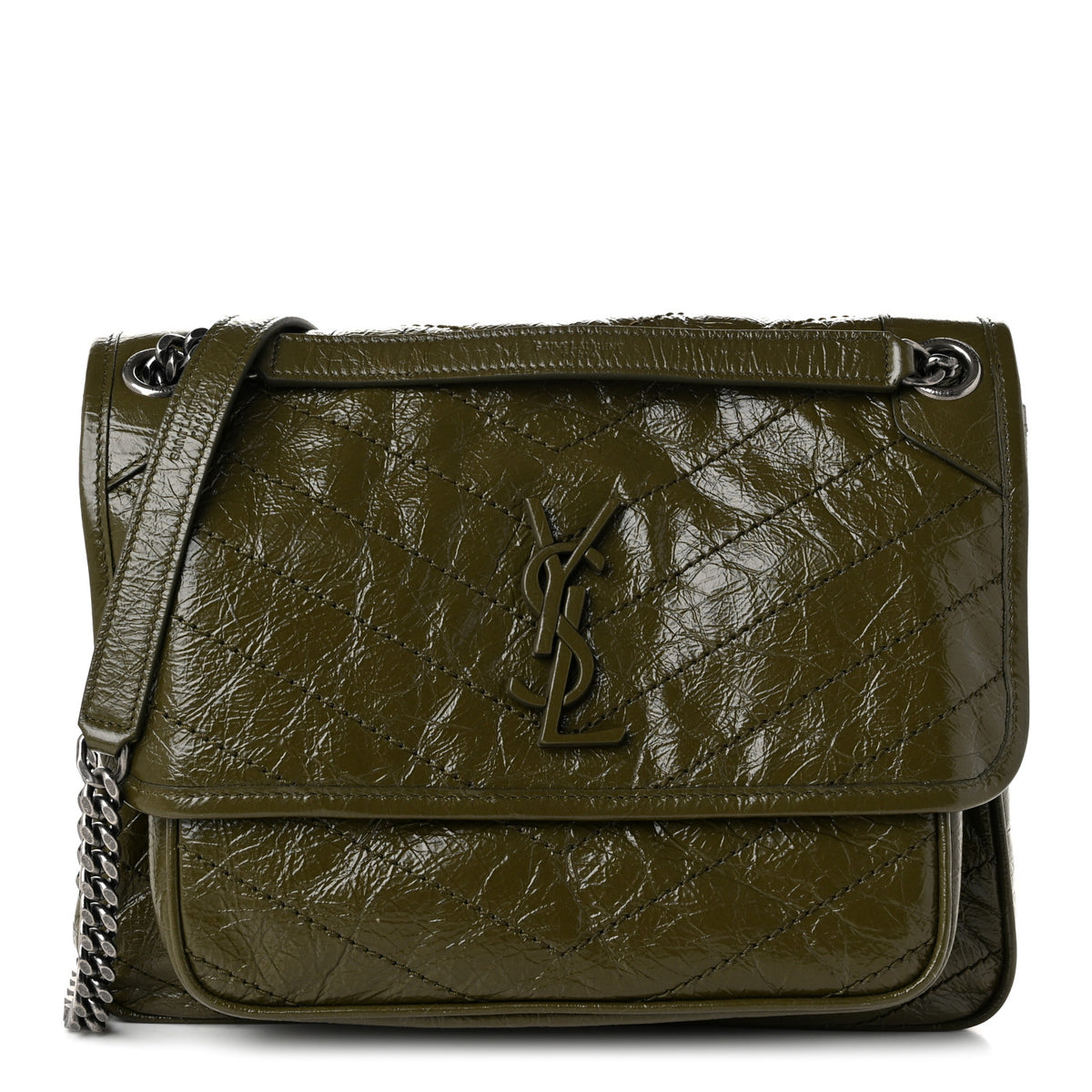 Crinkled Lambskin Matelasse Monogram Medium Niki Chain Satchel Military Olive