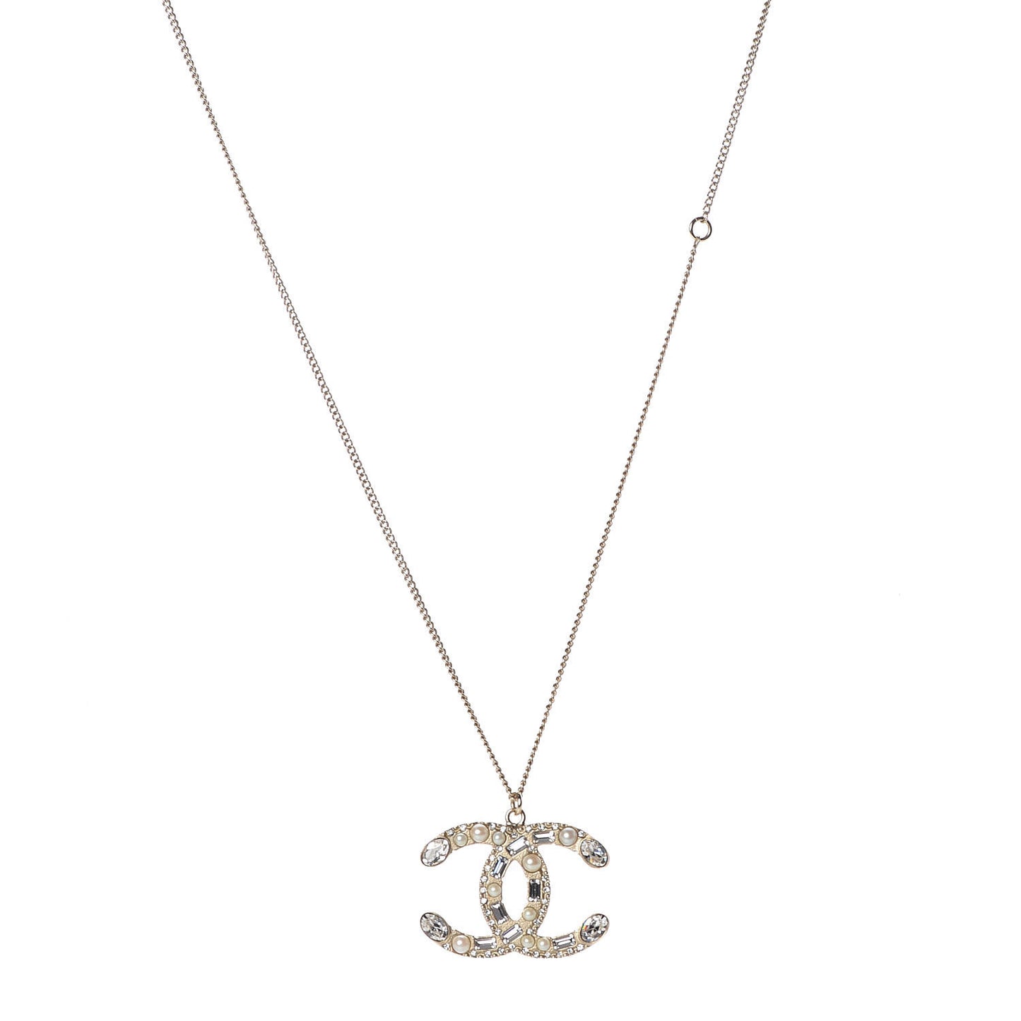 Pearl Crystal Baguette CC Long Necklace Gold