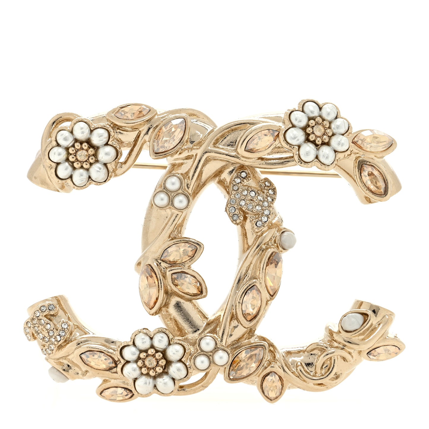 Pearl Crystal Camelia CC Leaves Brooch Gold Light Brown