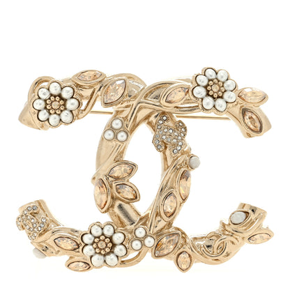 Chanel Pearl Crystal Camelia CC Leaves Brooch Gold Light Brown 1 of 4