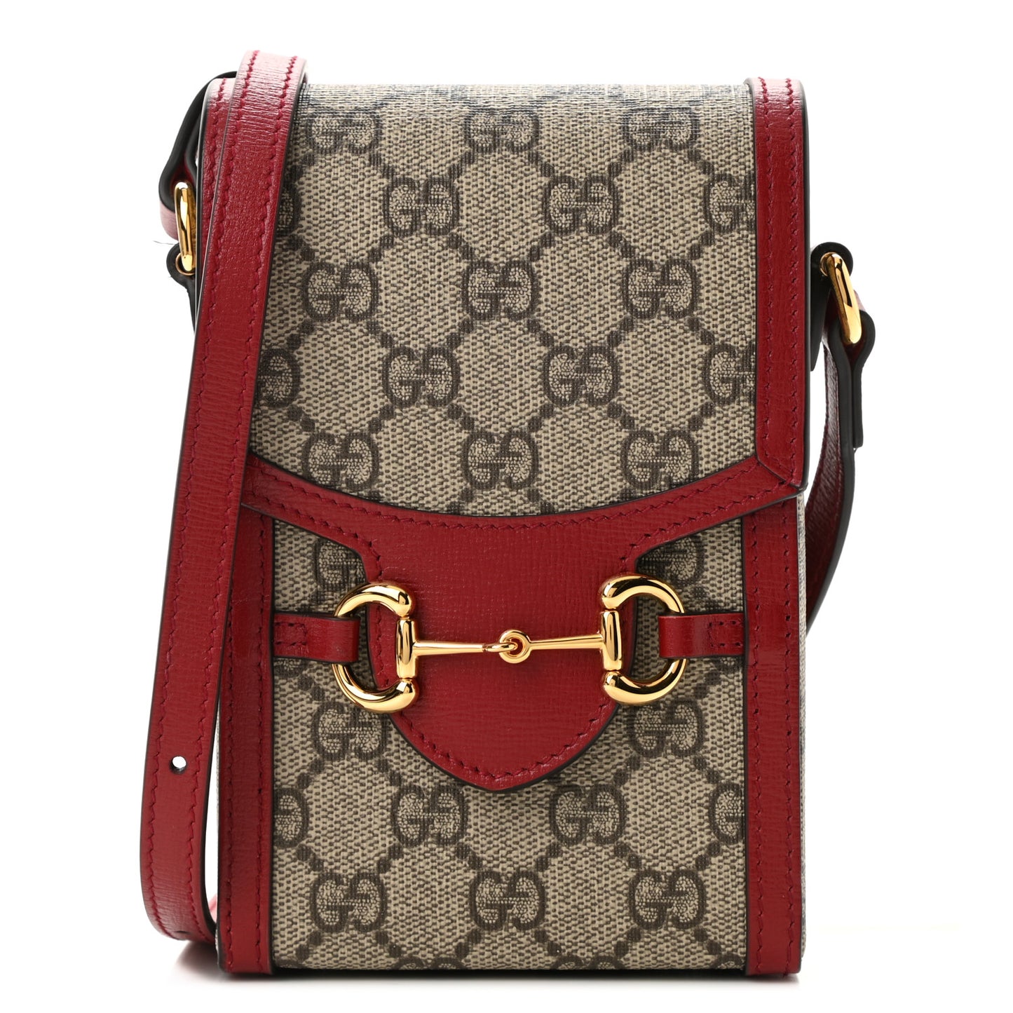 GG Supreme Monogram Azalea Calfskin Horsebit 1955 Crossbody Bag Beige Ebony New Cherry Red