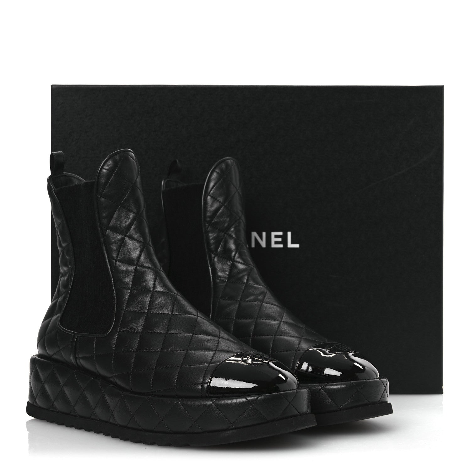 Chanel Lambskin Patent CC Cap Toe Quilted Short Platform Boots
