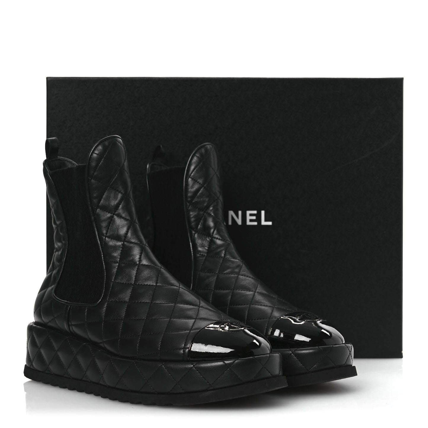 Lambskin Patent CC Cap Toe Quilted Short Platform Boots 39.5 Black