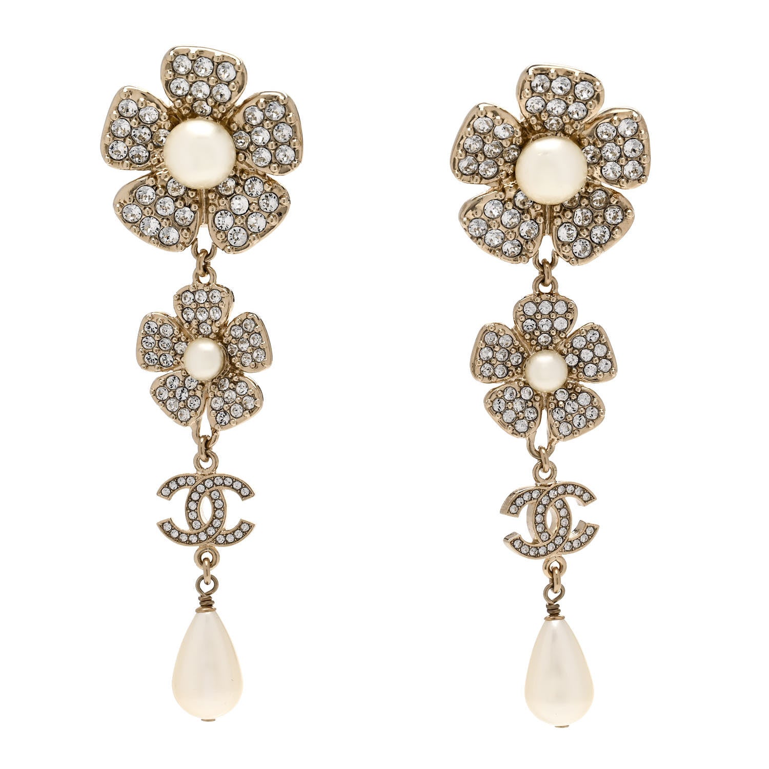 Chanel Crystal Pearl Flower CC Clip On Drop Earrings Light Gold 1 of 5