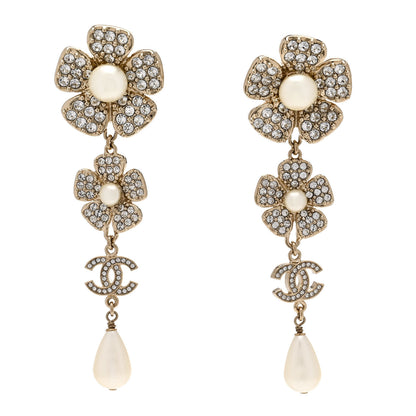 Chanel Crystal Pearl Flower CC Clip On Drop Earrings Light Gold 1 of 5