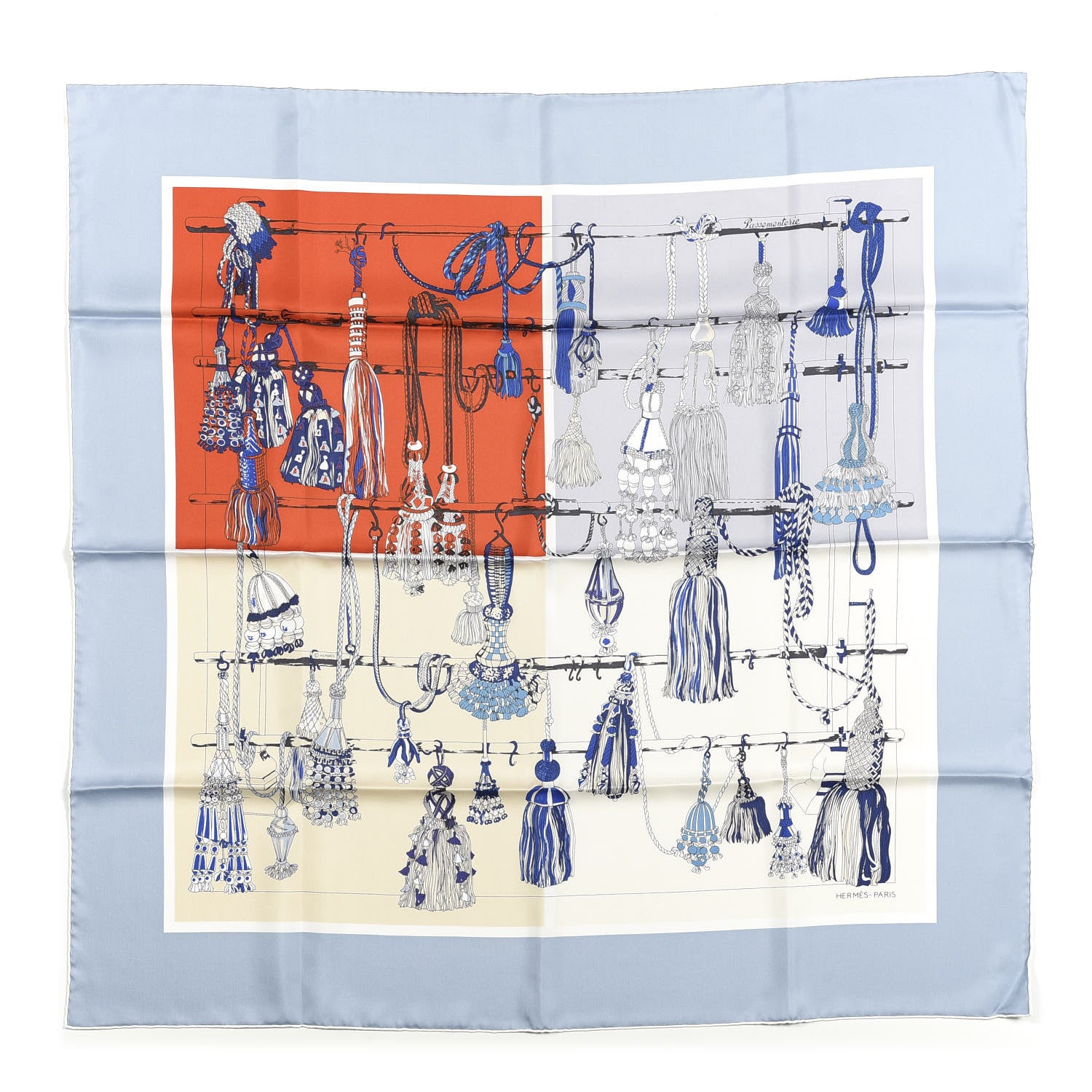 Hermes Silk Passementerie Quadri Scarf 90 Bleu Jean Creme Rouge 1 of 3