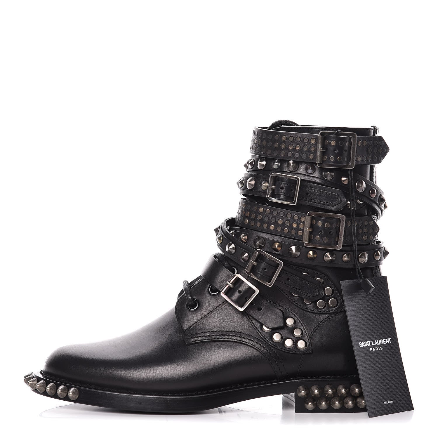 Saint Laurent Smooth Calfskin Studded Womens Punk Ranger Boots 37 Black 1 of 15