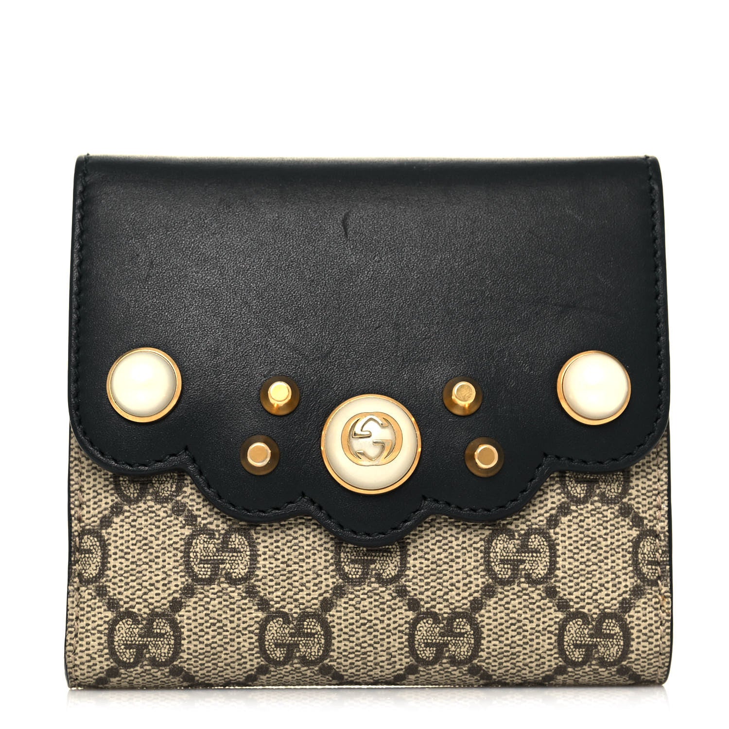 Gucci GG Supreme Monogram Pearl Studded French Wallet Black 1 of 13