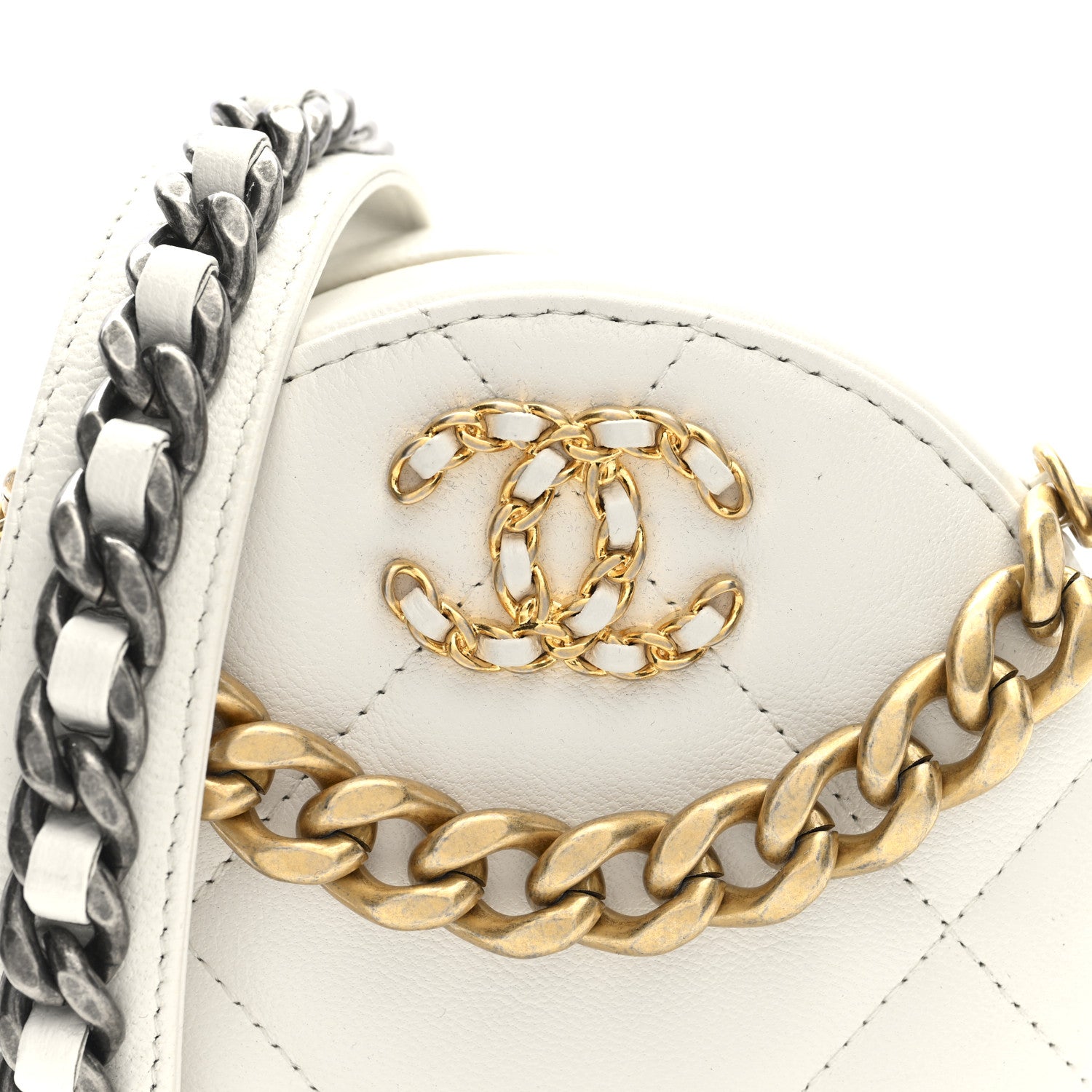 Chanel Shiny Goatskin Quilted Chanel 19 Round Clutch With Chain White 8 of 10