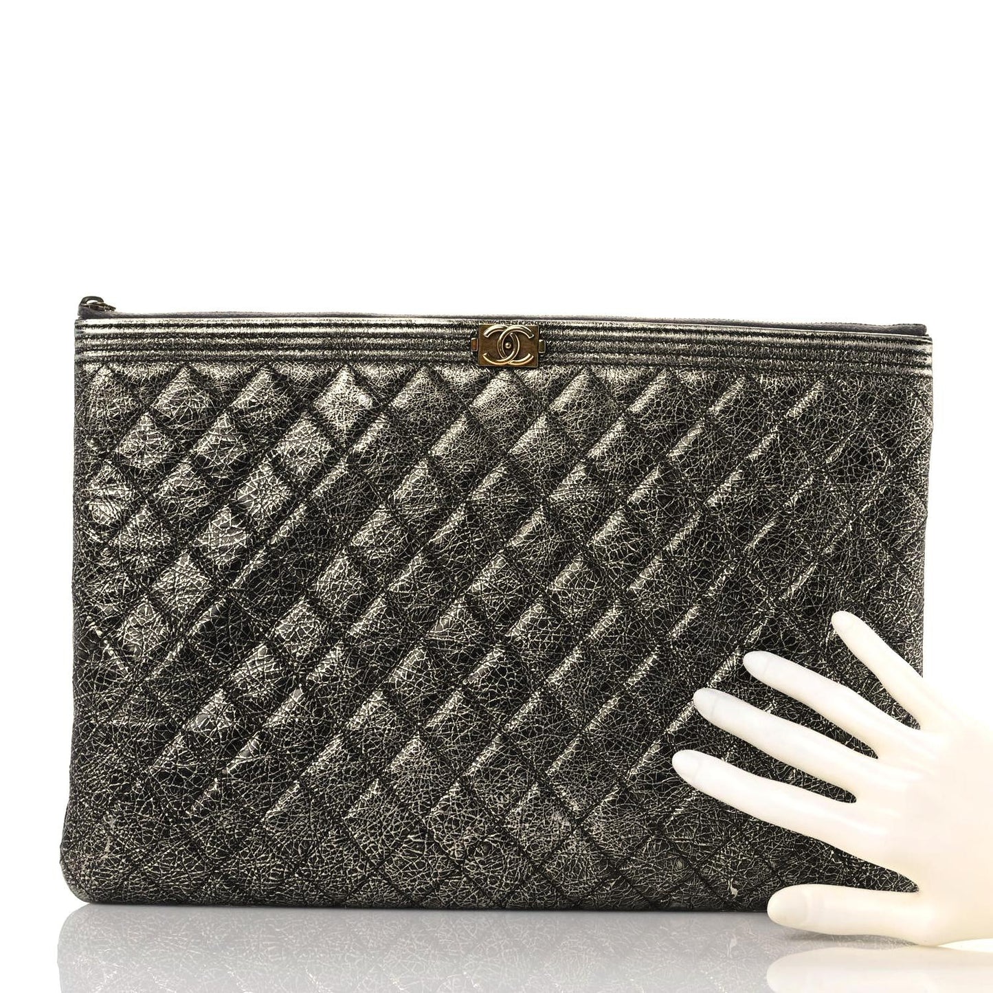 Cracked Metallic Calfskin Quilted Large Boy Cosmetic Case Silver