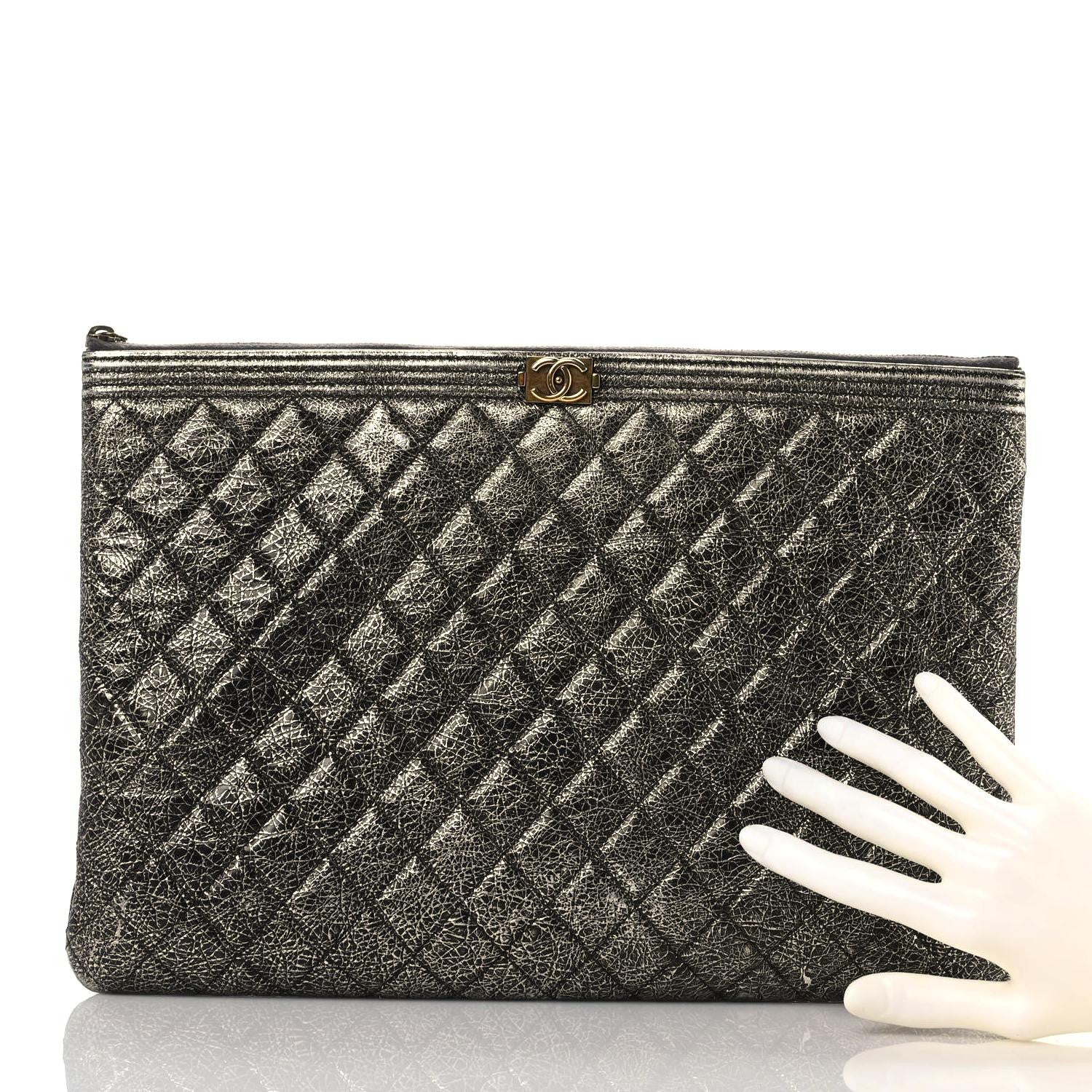Chanel Cracked Metallic Calfskin Quilted Large Boy Cosmetic Case Silver 2 of 17