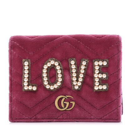 Gucci Velvet Matelasse Pearl Love Embroidered GG Marmont Card Case Wallet Light Raspberry Rose 1 of 9