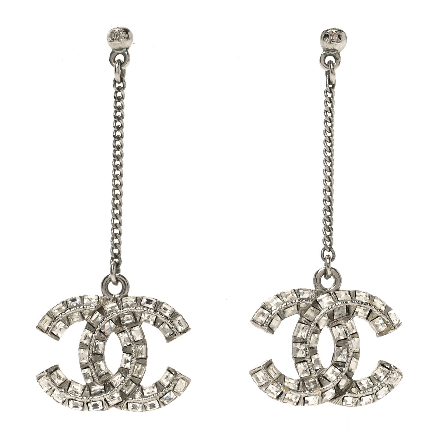 Crystal Baguette CC Drop Earrings Silver