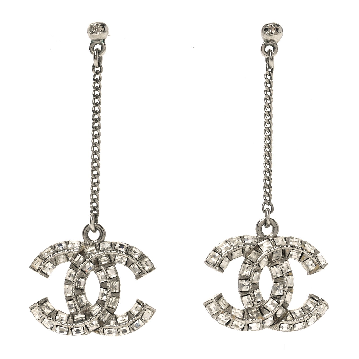 Chanel Crystal Baguette CC Drop Earrings Silver 1 of 4