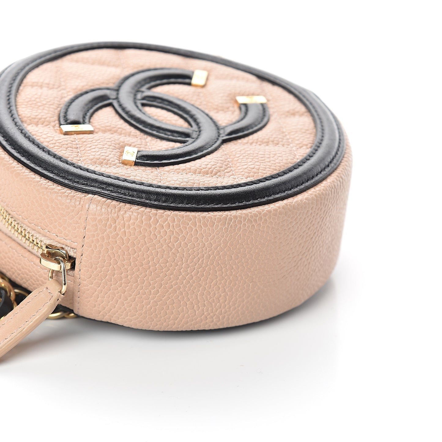 Caviar Quilted Round Filigree Crossbody Beige Black