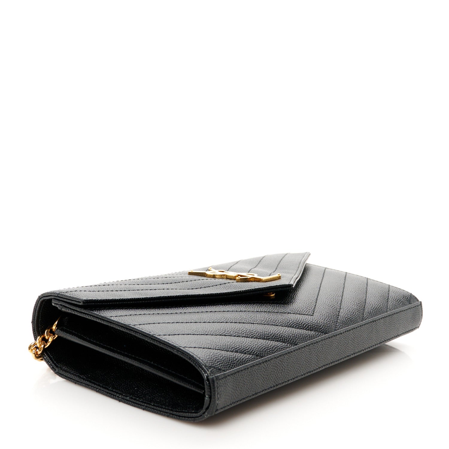 Saint Laurent Grain De Poudre Matelasse Chevron Monogram Chain Wallet Black 4 of 9