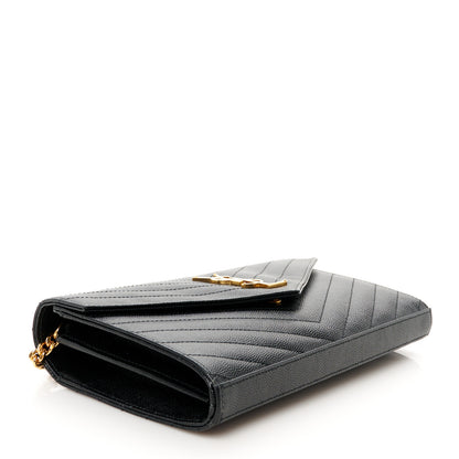 Saint Laurent Grain De Poudre Matelasse Chevron Monogram Chain Wallet Black 4 of 9