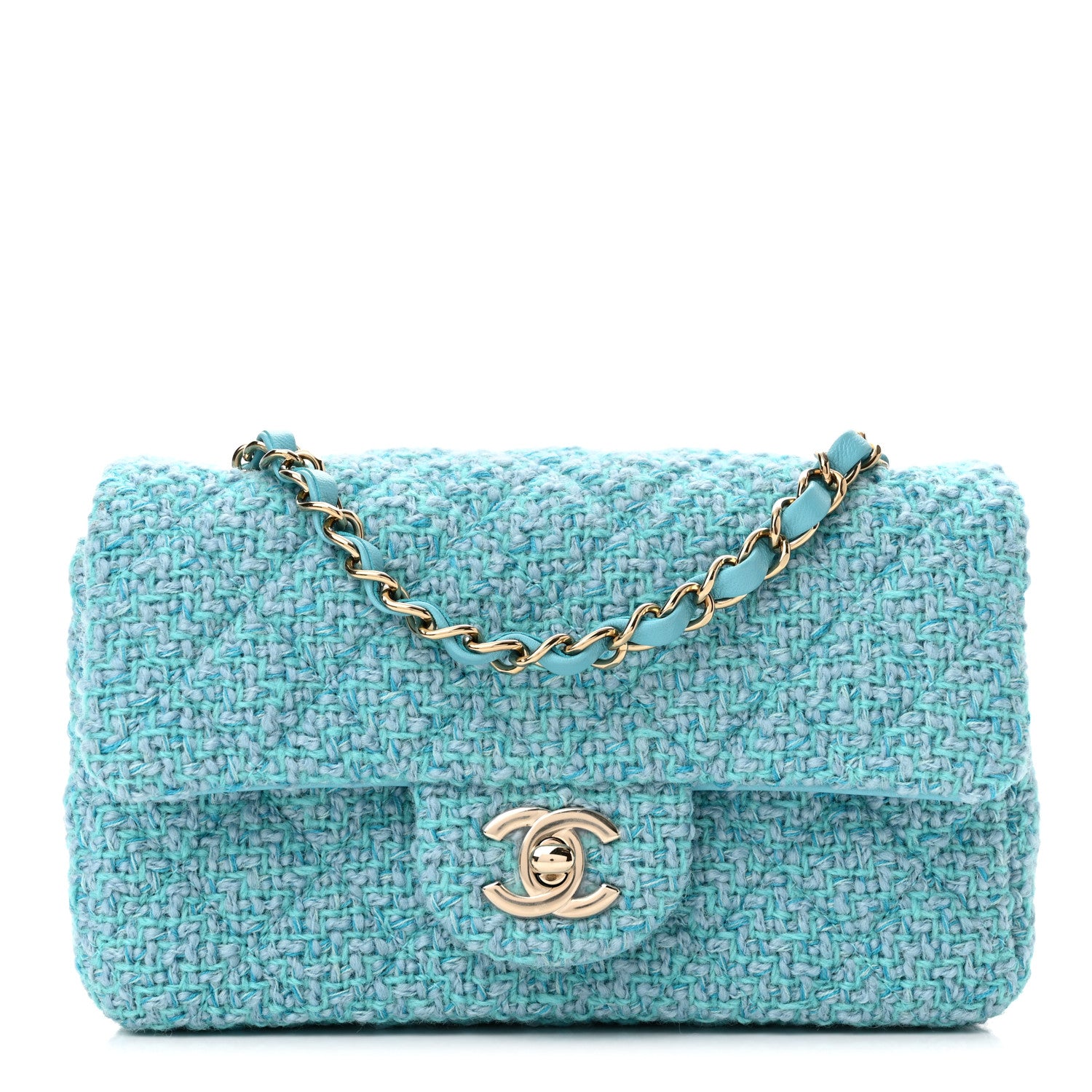 Chanel Wool Tweed Quilted Mini Rectangular Flap Turquoise Light Blue 1 of 11