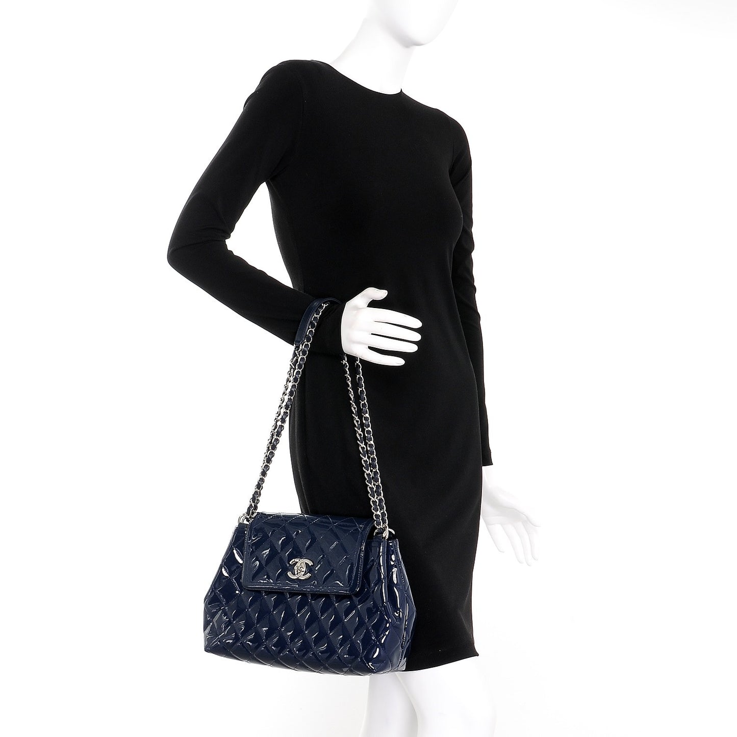 Patent Quilted Large Coco Shine Accordion Flap Dark Navy Blue