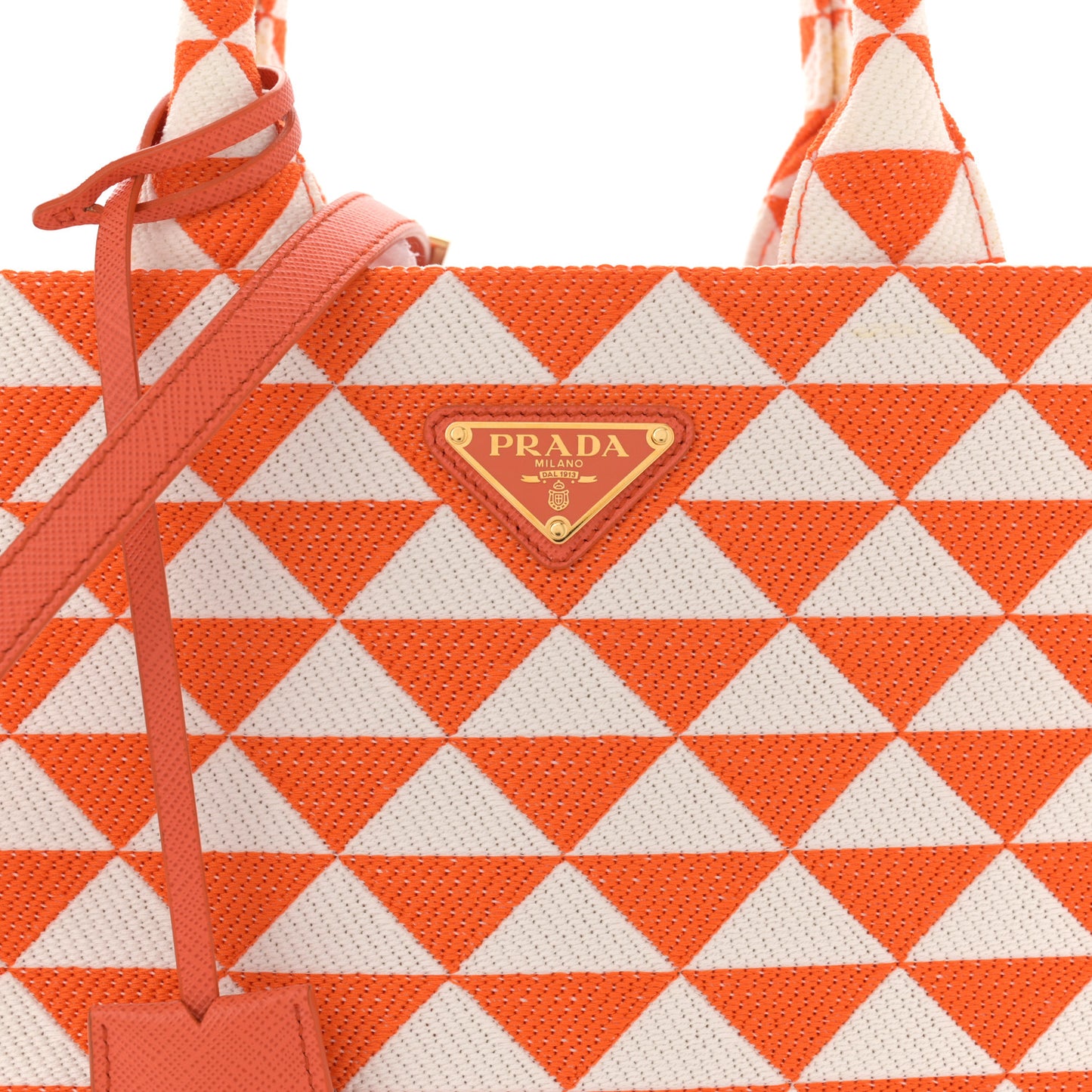 Jacquard Saffiano Triangolo Symbole Embroidered Small Tote Arancio White