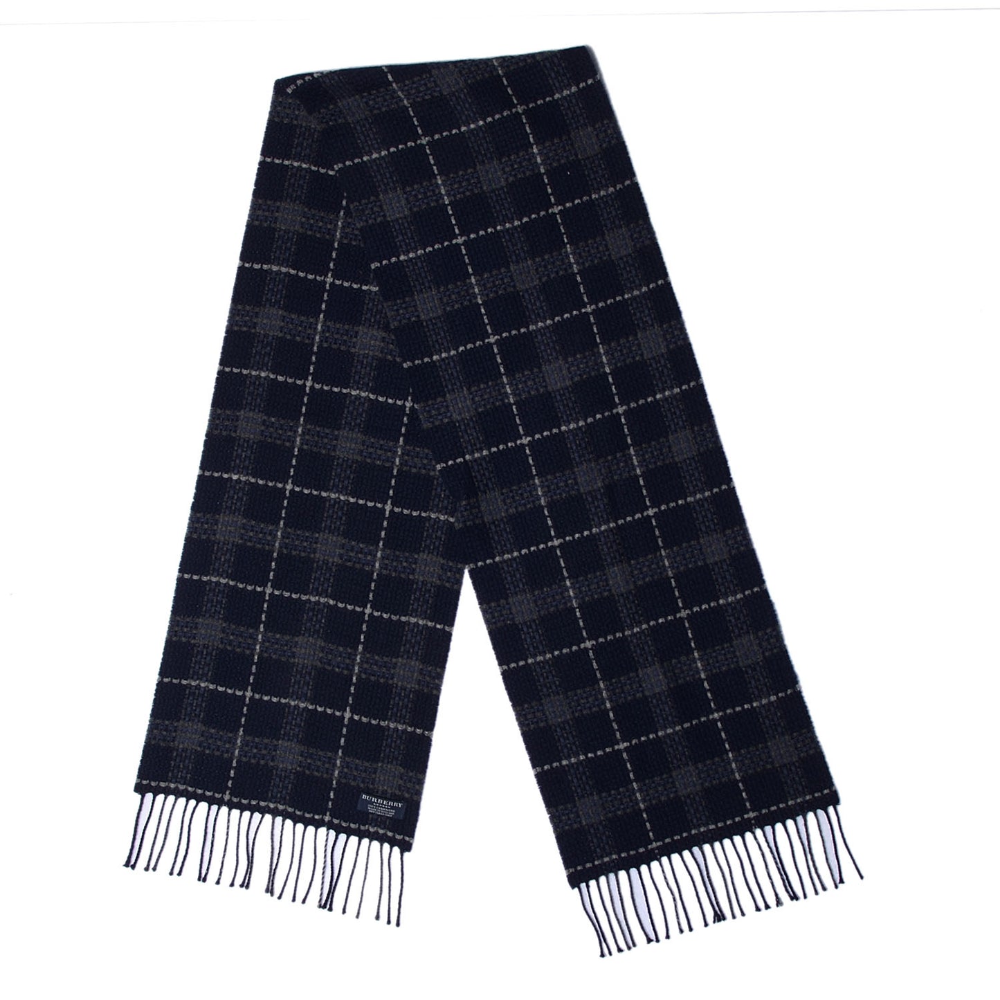 Cashmere Check Fringe Scarf Dark Blue Black