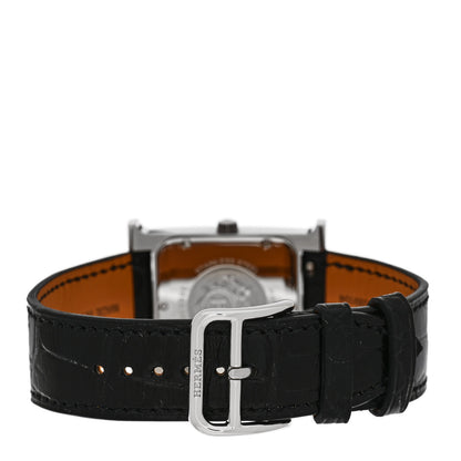 Hermes Stainless Steel Alligator Diamond Mother of Pearl 26mm Heure H Hour Quartz Watch Noir 3 of 5