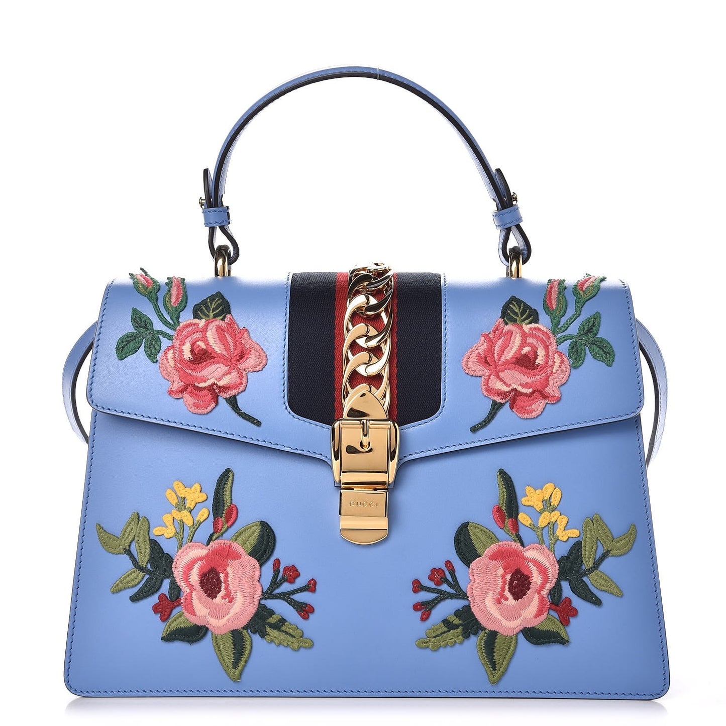 Calfskin Embroidered Medium Sylvie Top Handle Bag Clear Sky Blue