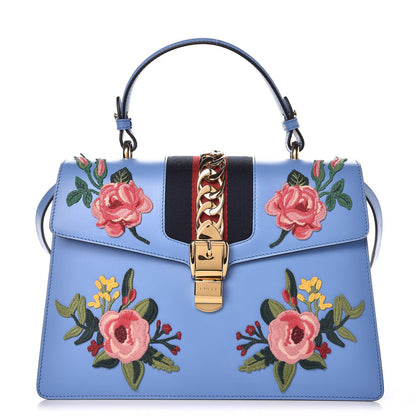 Gucci Calfskin Embroidered Medium Sylvie Top Handle Bag Clear Sky Blue 1 of 9