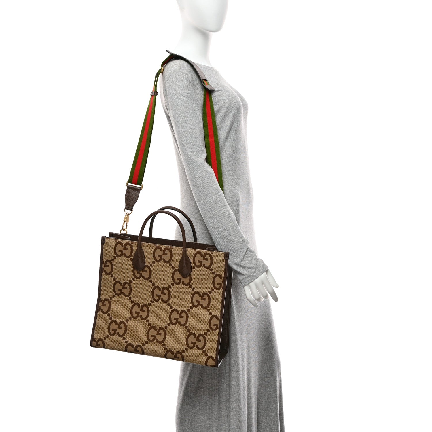 Gucci Monogram Jumbo GG Textured Dollar Calfskin Web Tote Bag Camel Ebony New Acero 2 of 11