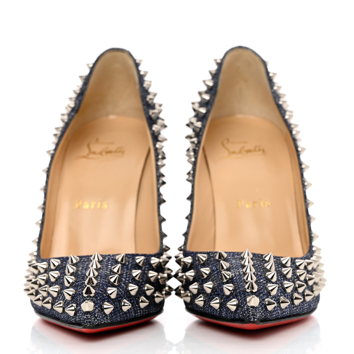 Christian Louboutin Denim Lame Lux Follies Spikes 100 Pumps 38 Silver 2 of 7