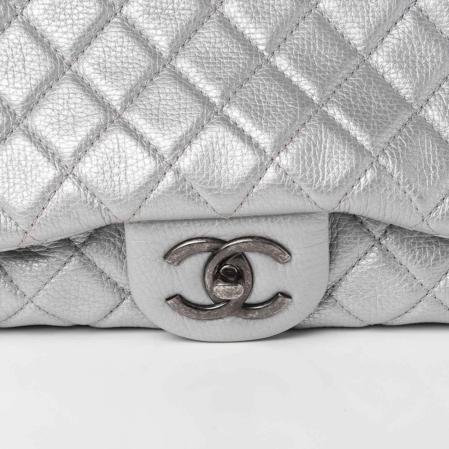 Metallic Calfskin Quilted XXL Travel Flap Bag Silver