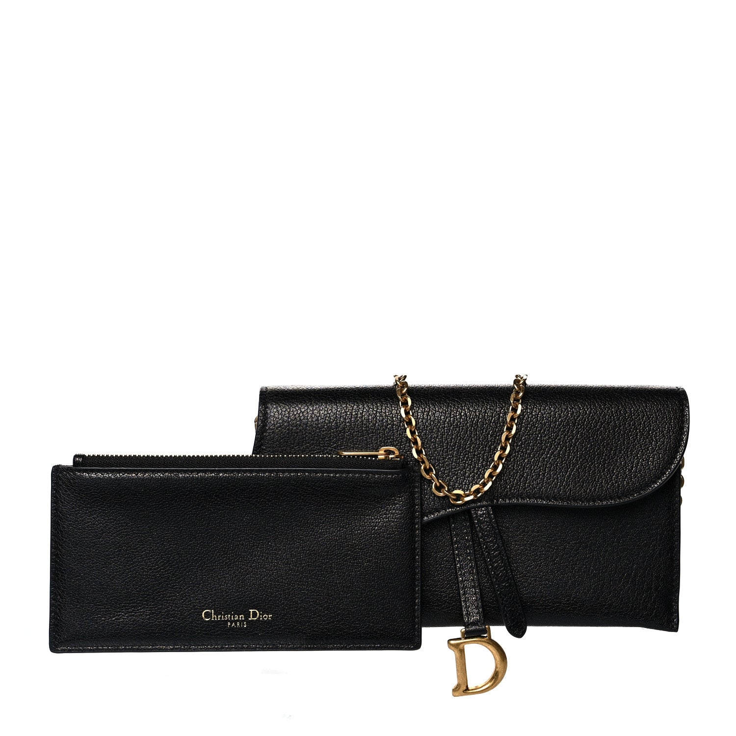 Christian Dior Grained Calfskin Saddle Chain Wallet Pouch Black 1 of 11