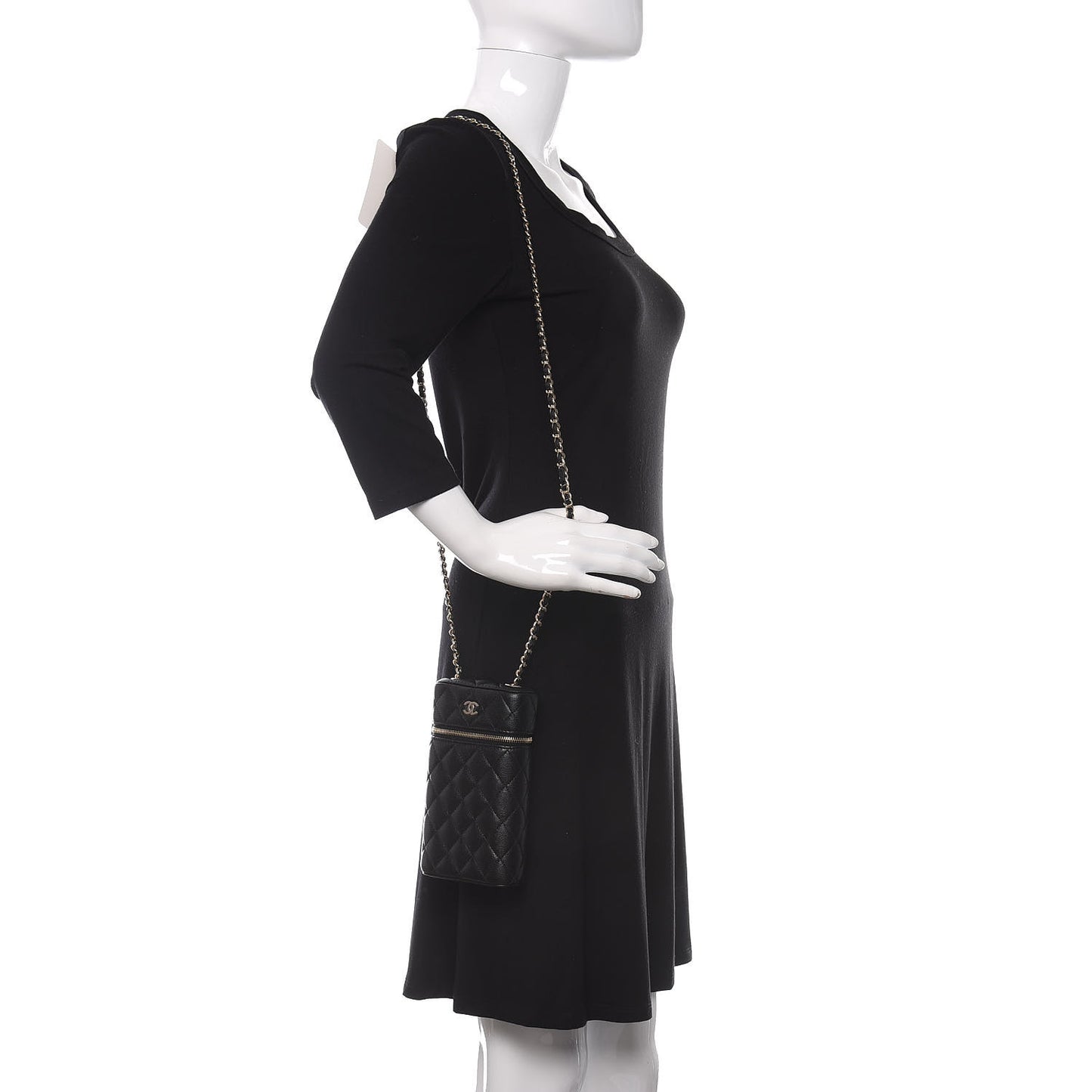 Caviar Quilted Phone Holder With Chain Black