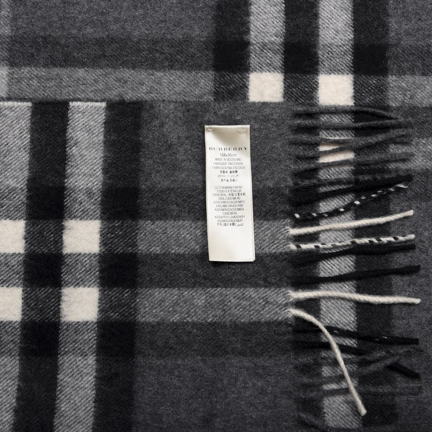 Cashmere Giant Check Fringe Scarf Grey