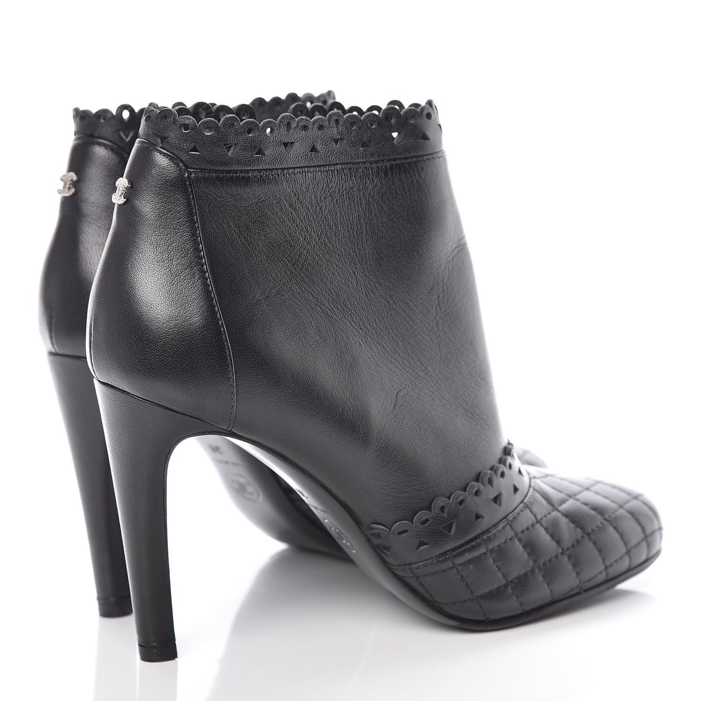 Lambskin Quilted Perforated Lace Short Booties 38 Black
