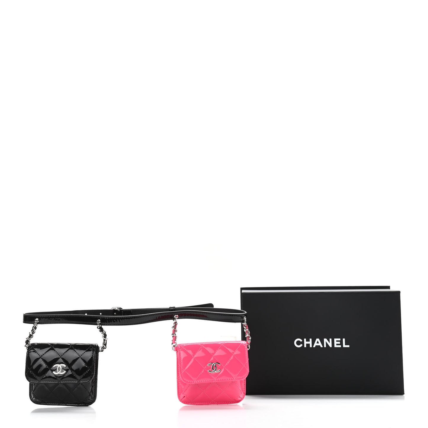 Patent Quilted Belt In Love Double Mini Flap Waist Bag Black Pink
