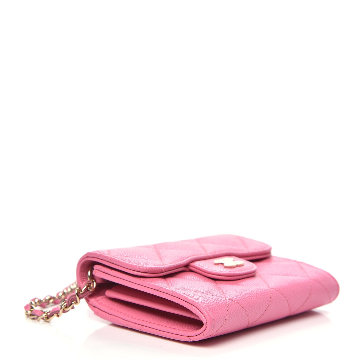 Caviar Quilted Flap Card Holder On Chain Pink