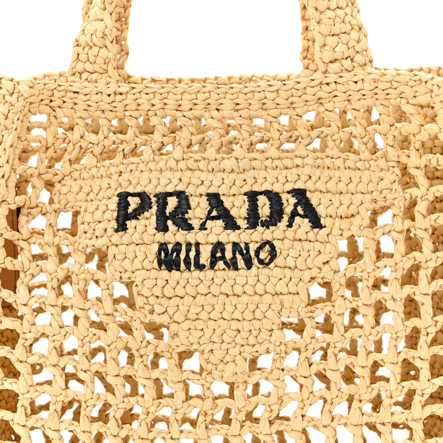 Yarn Raffia Effect Crochet Logo Embroidered Small Tote Bag Naturale