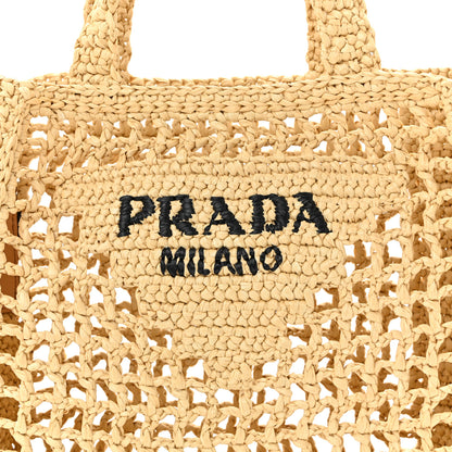 Prada Yarn Raffia Effect Crochet Logo Embroidered Small Tote Bag Naturale 7 of 10