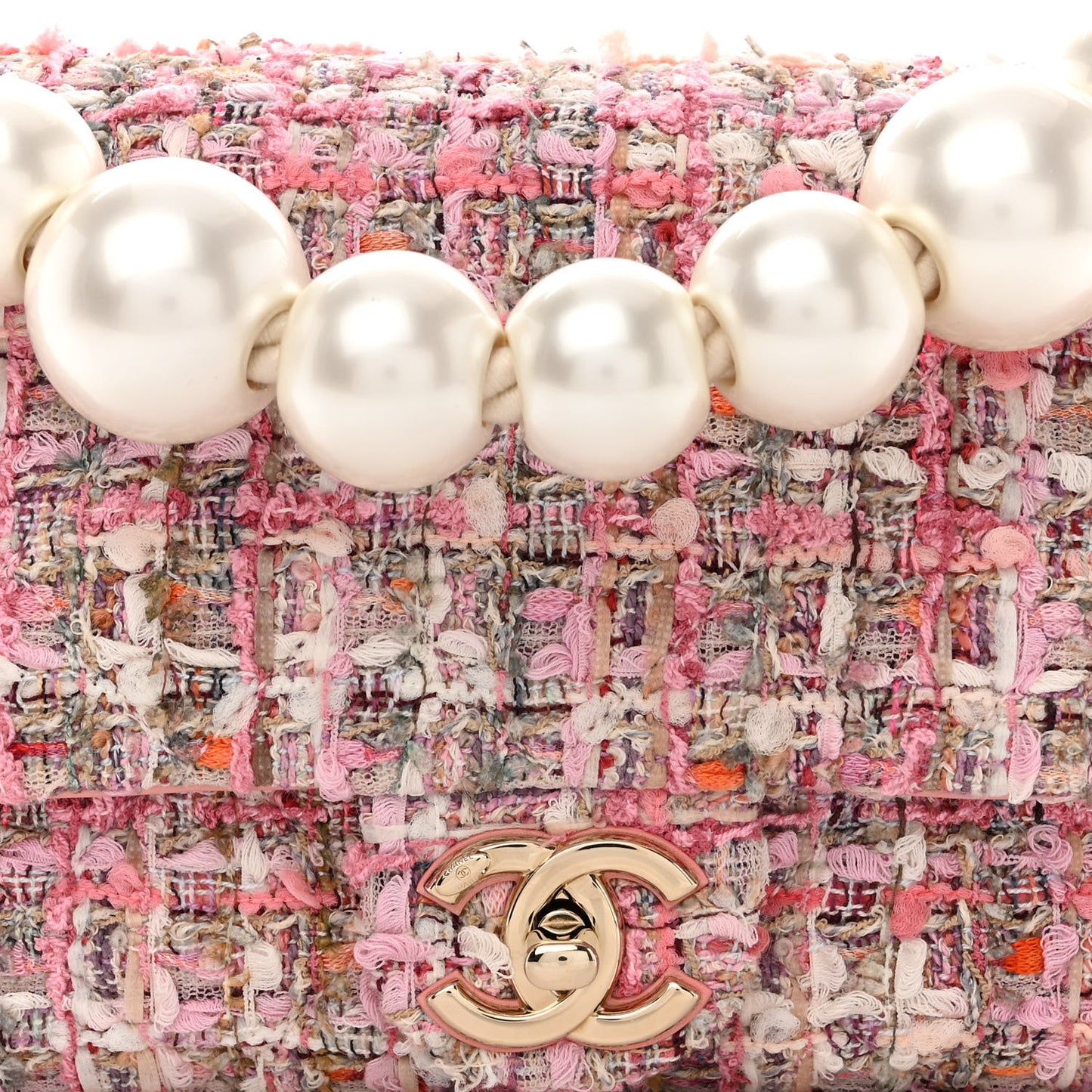 Tweed Medium Pearl Handle Flap Pink Beige Orange Ecru